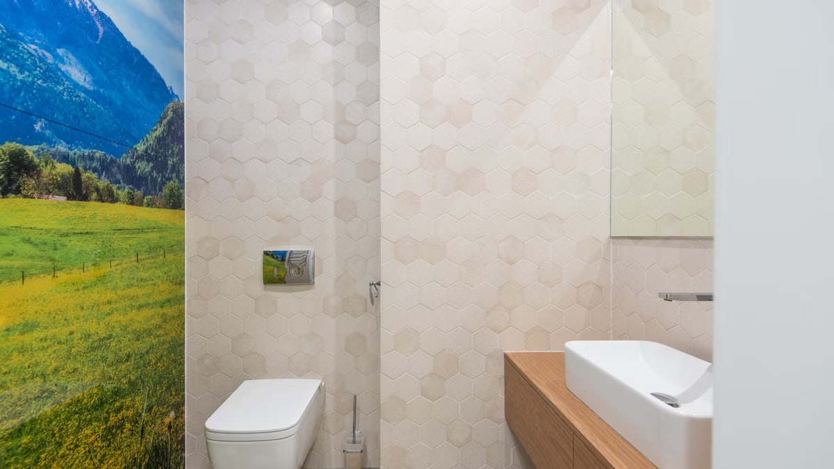 Wooden cabinet with sink near mirror placed near white bidet against wall with decorative wallpaper with nature pattern in contemporary bathroom